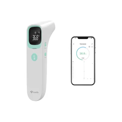 A digital thermometer and a smartphone displaying a thermometer app.