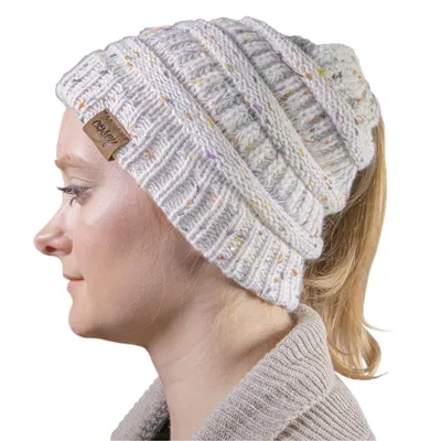 Produktbild von Strick Winter Beanie - Pferdeschwanz Mütze - mit Zopf Loch - in Weiß Gesprenkelt