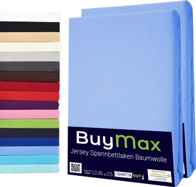 Produktbild von Buymax Spannbettlaken 120x200cm Doppelpack 100% Baumwolle Spannbetttuch Bettlaken Jersey, Matratzenhöhe bis 25 cm, Farbe Hellblau