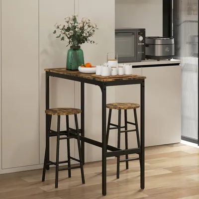 Produktbild von SUGIFT Bartisch Set 3-teilig Industrial, Barhocker mit Tisch, Holzoptik Stahlrahmen, Rustikal-Braun | 105 x 40 x 90 cm | MDF + Stahl | 2 Personen
