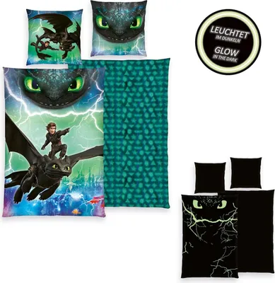 A collage of bedding items featuring characters from the movie 'How to Train Your Dragon'.