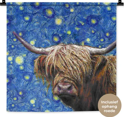 Produktbild von MuchoWow® Wandteppich Wandbehang Van Gogh - Sternennacht - Schottisches Hochlandrind 60x60 cm Tapisserie Dekoration Wandtuch - Dekorationen - Wand Decke