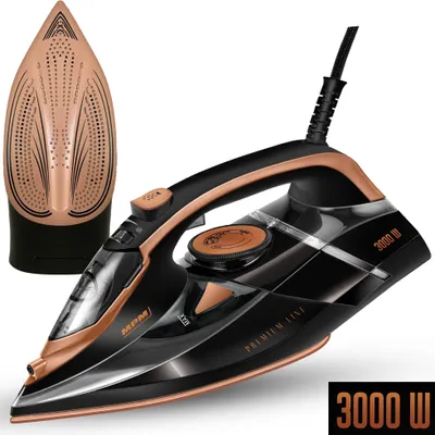 A black and copper steam iron with its soleplate shown separately.