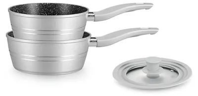 Image de Set de 2 casseroles Ø 18/20 cm avec couvercle silicone universel - Revêtement effet marbre - Gris argenté