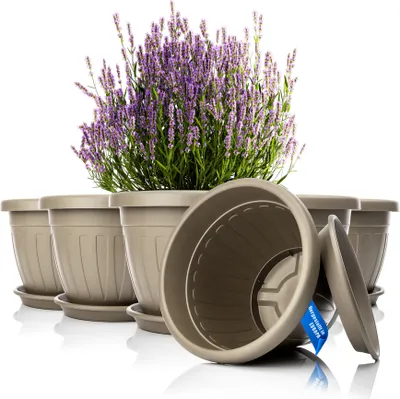 Produktbild von BigDean 6x Blumentopf mit Untersetzer rund ø40xH31 cm Mokka/braun - wetterfester Pflanzkübel - Wasserablauf UV-beständig aus bruchsicherem Kunststoff