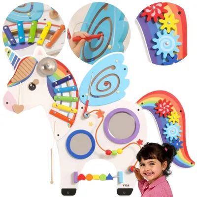 Zdjęcie produktu dla VIGA Drewniana Tablica Sensoryczna Manipulacyjna Jednorożec Certyfikat Montessori