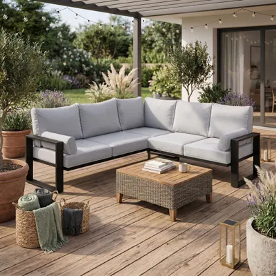 Produktbild von BEAUTYSOFA | VERDINO Gartenecke Grau – Garten Lounge Ecke wetterfest mit Metallrahmen, Outdoor Ecksofa, SIMAX 03, KI-generiertes Bild