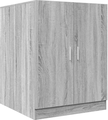 A studio shot of a gray washing machine cabinet.