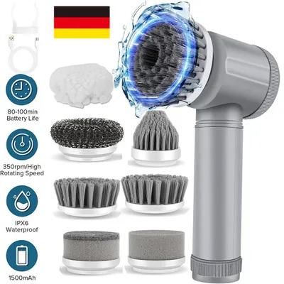 Produktbild von Elektrische Reinigungsbürste Akku Kabellos mit 7 Bürstenköpfen, Turbo Spin Scrubber 350 U/min, IPX6 Wasserdicht, USB-Ladung Grau