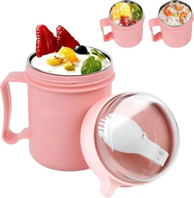 Produktbild von Famanu Müslibecher to Go - Praktischer Frühstücksbehälter mit Löffel, Edelstahl, Rosa