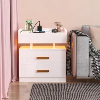 Image de Table de chevet avec 2 tiroirs, prise électrique, port USB, éclairage RGB, dimensions 45x35x52 cm, couleur blanche