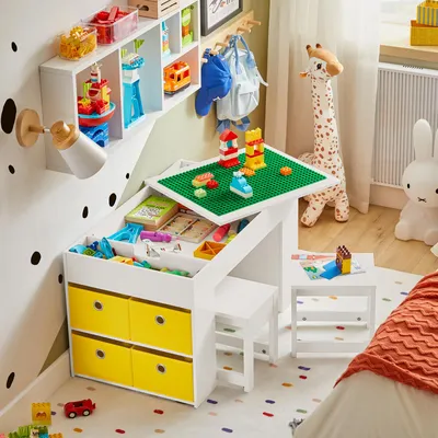 Produktbild von SoBuy Kindertisch mit 2 Stühlen Aufbewahrungsmöbel weiß skandinavisch KMB75-W