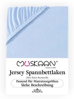 Produktbild von Müskaan Jersey Spannbettlaken 90x200cm - 100x200cm hellblau bis 22cm Matratzenhöhe Gummizug Bettlaken 100% Baumwolle