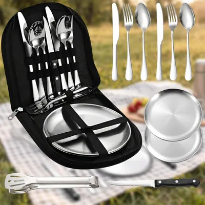 Immagine prodotto di TRANKIELO® - Set da campeggio portatile, 10 pezzi - Acciaio inossidabile - Per 2 persone - Leggero e compatto