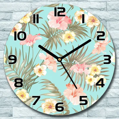 Produktbild von Wanduhr aus Glas Rund fi 30 Tropische Blumen Quarz Deko Wohnzimmer Büro