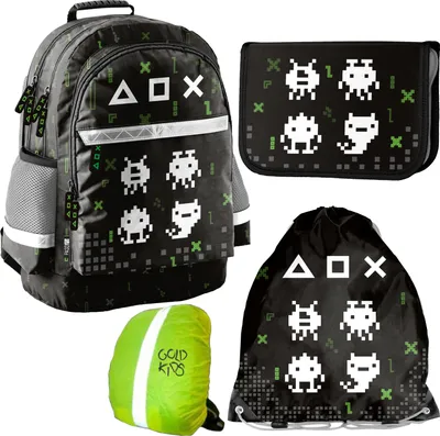 Produktbild von Schulranzen Set Gaming Pixel ergonomischer Ranzen Federmappe Turnbeutel Regenschutz 4er Set für die Grundschule. Geeignet ab der ersten Klasse der Grundschule