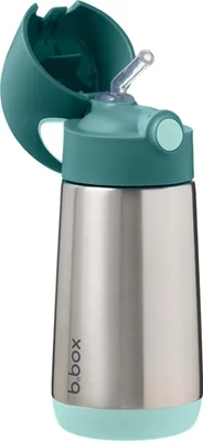 A close-up studio shot of a teal and silver insulated drink bottle with a mint green base.