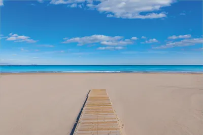 Produktbild von Wallario Premium Vliestapete Fototapete Auf dem Holzweg zum blauen Meer in der Größe 400 x 267 cm, extra dick, wird in 5 Teilen geliefert