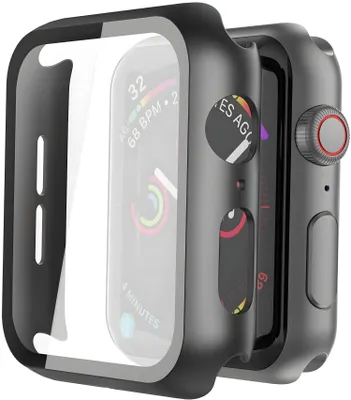 A black protective case with a clear screen protector for an Apple Watch.