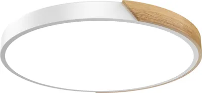A circular LED ceiling light with a white and wood-grain finish, presented against a white background.