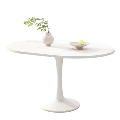 Produktbild von Ausziehbarer Esstisch(Weiss)ovaler Esstisch, Kaffee-Freizeittisch, Länge 100/140 x Breite 100 x Höhe 75 cm, moderner schlichter Esstisch