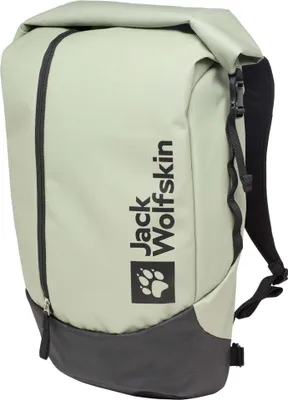 A mint green and dark gray Jack Wolfskin rucksack is shown from the side against a light gray background.