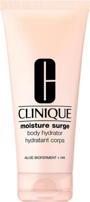 A product shot of a pink tube of Clinique Moisture Surge Body Hydrator.