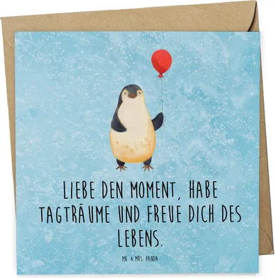 Produktbild von Mr. & Mrs. Panda Grußkarte Pinguin Luftballon - Eisblau - Geschenk, faltkarte, Motivation, Liebe, Glückwunschkarte, Pinguine, anlasskarte, doppelkarte, Klappkarte, Glück