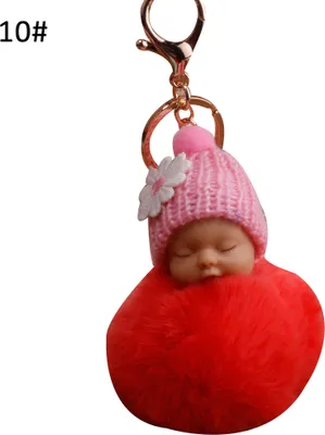 Produktbild von Süßes schlafendes Baby, flauschiger Pompon-Plüschpuppe, hängender Anhänger, Schlüsselanhänger-Wassermelonenrot