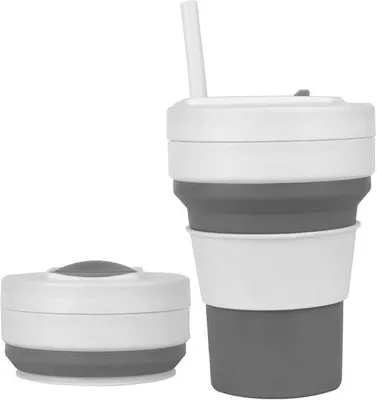 Produktbild von Famanu Reisebecher 350ml - Faltbarer Silikon Kaffeebecher mit Strohhalm