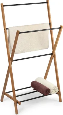 Produktbild von KADAX Handtuchhalter aus Holz, Wäscheständer mit Trockenfläche bis 3,5m, klappbarer Badetuchhalter