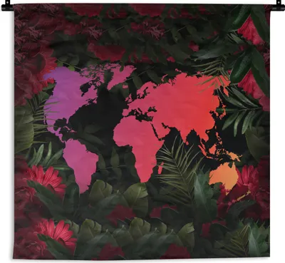 Produktbild von MuchoWow® Wandteppich Wandbehang Weltkarte - Farben - Blumen 150x150 cm Tapisserie Dekoration Wandtuch - Wohnaccessoires - Modernes