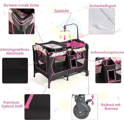 Produktbild von Babybett 4 in 1 Klappbares Reisebett & Beistellbett & Wickeltisch & Laufstall Schwarz+Rosa