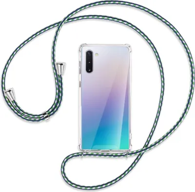Produktbild von Handykette Backcover-Schutzhülle mit Band (Metall silberfarben) für Samsung Galaxy Note 10 (N970) - grün/blau/weiß