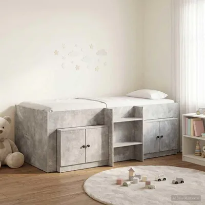Obrázok produktu pre Maison Exclusive – Posteľ s úložným priestorom a skriňou, 3 kusy, farba: betónová sivá, materiál: drevovláknité dosky