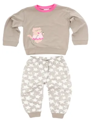 Produktbild von Mädchen Schlafanzug Pyjama mit Bündchen- Hose im Sternen Motiv - Oberteil Katze als Motiv ; grau , 98
