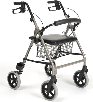 Produktbild von Vermeiren Rollator Eco Light, Leichtgewicht, faltbar, mit Sitzfläche & gepolsterter Rückenlehne, Einkaufskorb, Gehstockhalter, pannensichere Räder, feststellbare Bremsen, höhenverstellbare Griffe, Sitzhöhe 55 cm, Gewicht 7,6 kg, Tragkraft 120 kg, Gesamtbreite 61,5 cm, Gesamtlänge 69,5 cm, Gesamthöhe 80-93 cm, Sitztiefe 34 cm, Sitzbreite 35,5 cm, Aluminium, Grau, für Innen- & Außenbereich