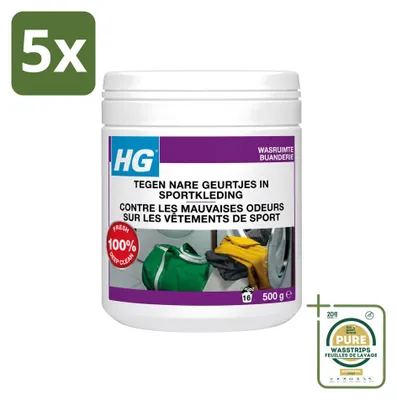 Immagine prodotto di 5 confezioni di additivo per il bucato HG contro i cattivi odori negli indumenti sportivi, da 500 g ciascuna - confezione risparmio - 5 pezzi