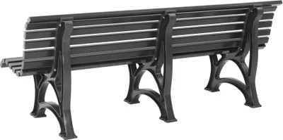 A dark gray park bench is shown from the back, isolated on a white background.