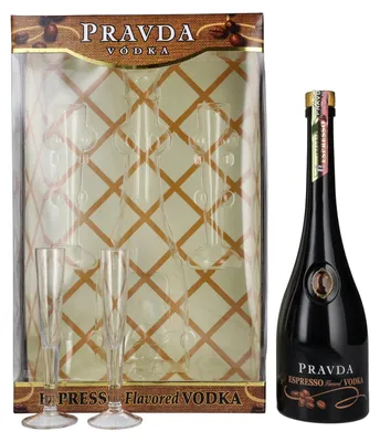 Produktbild von Pravda ESPRESSO Flavored Vodka 37,5% Vol. 0,7l in Geschenkbox mit 2 Gläser