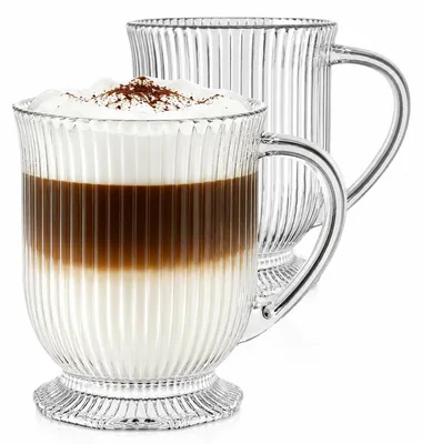 Productafbeelding van Geribbelde glazen bekers met handvat, 480 ml, set van 2, voor koffie en thee