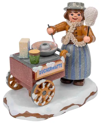 Erzgebirgische Holzfigur: Mädchen mit Winterkleidung und Zuckerwattemaschine auf verschneitem Sockel. Bemalte Holzkunst in Braun-, Blau- und Grüntönen mit feinen Details.