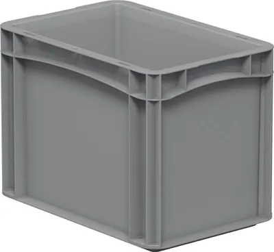 A gray plastic storage box is shown from a slightly elevated side angle.