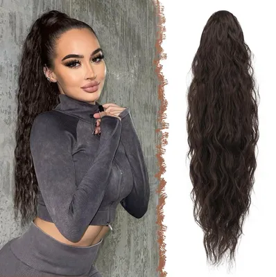 Obrázek produktu pro Prodlužovací vlasy, cop, culík, šňůrka, vlnité, kudrnaté, syntetické, 65 cm, hnědé/černé