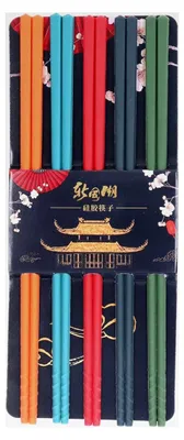 Produktbild von Essstäbchen-Set aus Silikon und Edelstahl, 5 Farben, rutschfestes Design, für den Einsatz zu Hause