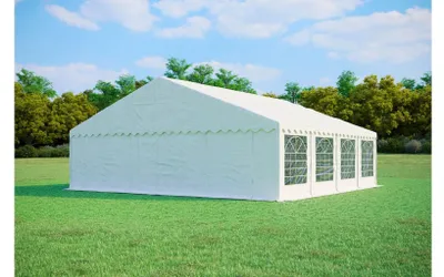 Immagine prodotto di Tendone per feste 8x8 m PREMIUM – PVC 500 g/m² con trattamento ignifugo, telaio a terra + rinforzi del tetto, fino a 128 persone - Bianco
