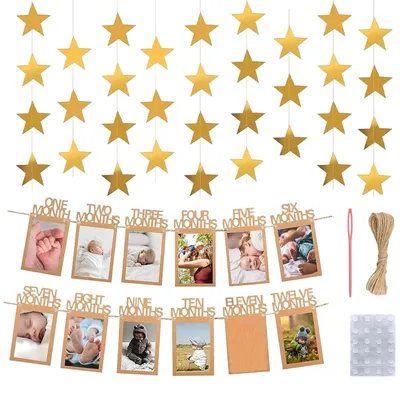 Produktbild von Fotogirlande für Baby - Hängende Wanddekoration für 12 Monate - Sackleinen Banner Set - 1 bis 12 Monate