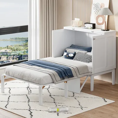 Produktbild von Flieks Funktionsbett Schrankbett 90x200cm mit Lattenrost, Klappbar Einzelbett Jugendbett Wandbett Wandklappbett mit Lattenrost, Holzbett Weiß