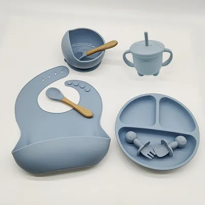 Imagen del producto de Juego de vajilla de silicona de alta calidad para niños, de 8 piezas, en color gris azulado