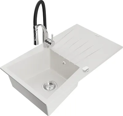 Produktbild von Mexen Cesar 1 Becken-Granitspüle mit Abtropffläche und Mischbatterie Aster, Weiß - 6514-20-73450-07